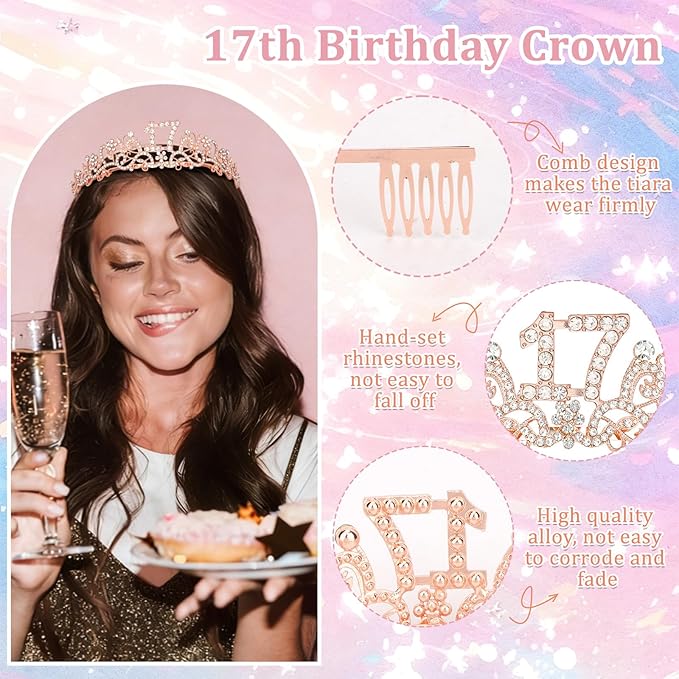 Semato 17th Birthday Decorations for Her Sash and Crown Tiara Kit Rose Gold 17th Birthday Gifts for Girls Party Supplies