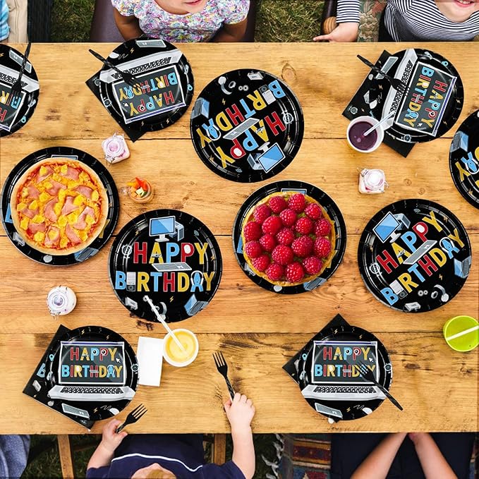 96Pcs Computer Birthday Party Decorations Computer Themed Plates and Napkins Intelligence PC Tableware Set for Boy Girl Birthday Software Engineering IT Party Supplies，Serves 24