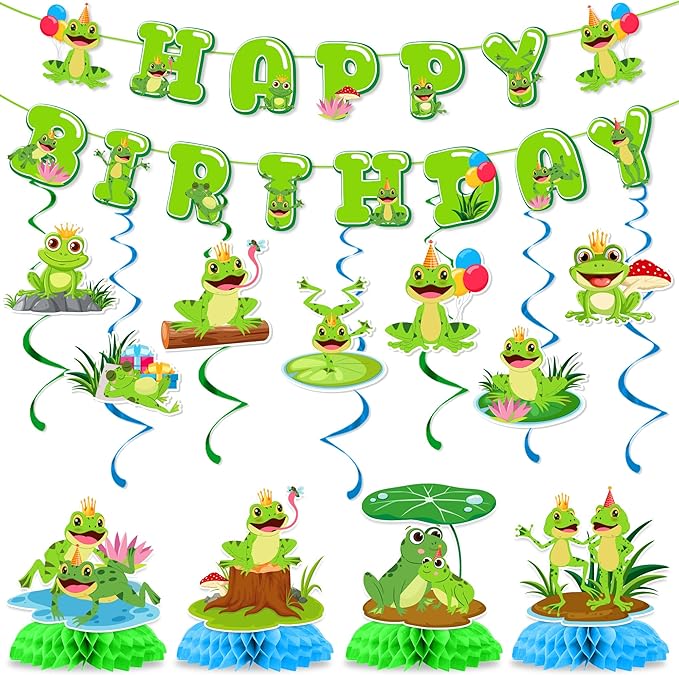 Frog Birthday Decorations Include Frog Happy Birthday Banners Hanging Swirls Honeycomb Centerpieces Princess Prince Frog Theme Party Supplies