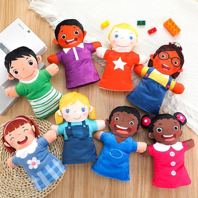 Poen 8 Pcs Hand Puppets Set for Kids Multicultural Hand Puppets Bulk Soft Plush for Toddlers Learning Interaction Suitable for Home Daycare School Classroom Role Play Fantoccini Theater Shows(Smile)