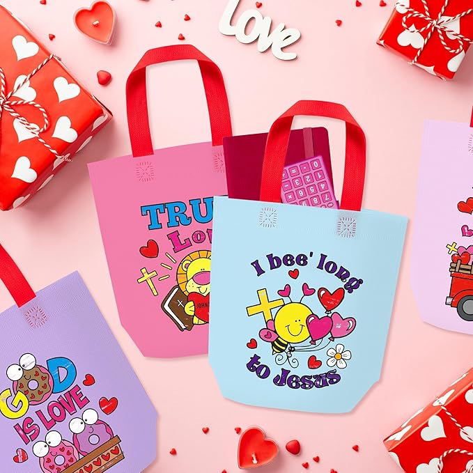 Valentine's Day Cartoon Coloring Goodie Bag for Kids - 24Pcs Christian Bulk Color Your Own Gift Bag with Handle Religious Reusable Coloring Non Woven Tote Bag for Valentine Party DIY Painting Craft
