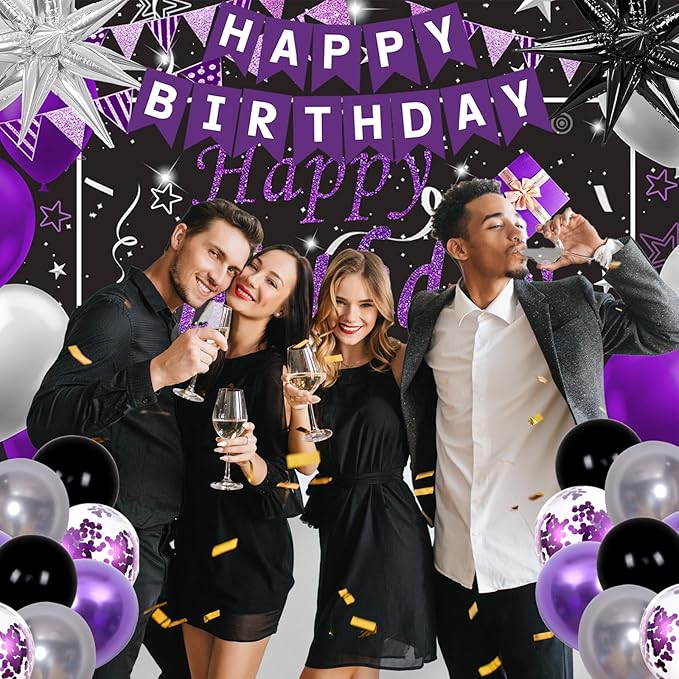 Black Purple Birthday Decorations for Women Girls Men, Purple and Silver Party Decorations Happy Birthday Backdrop Banner Confetti Star Silver Black Balloons Arch Tablecloth Party Supplies