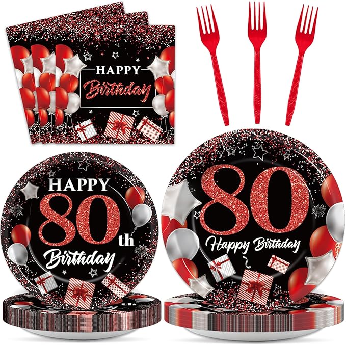 gisgfim 96 Pcs 80th Birthday Plates and Napkins Party Supplies 80 Years Old Birthday Party Tableware Set Red Black Dinner Dessert Plates 80th Birthday Decorations Favors for Man Women for 24 Guests