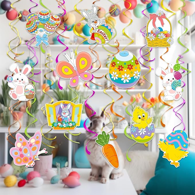 Hanging Easter Decorations Swirls 30pcs, Easter Egg Bunny Ceiling Hanging Party Streamers, Foil Easter Party Decor Supplies for Home Office School, Dangling Spinners Easter Party Ceiling Decor