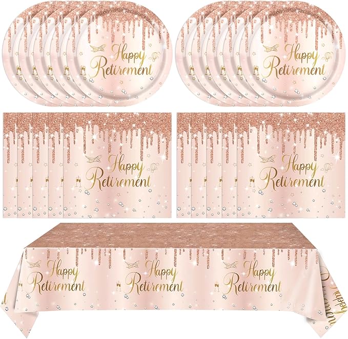 41Pcs Rose Gold Retirement Party Decorations Happy Retired Party Supplies Disposable Tableware Set Include Retirement Plates Napkins Tablecloth, for Woman Say Goodbye Party ,Serves 20