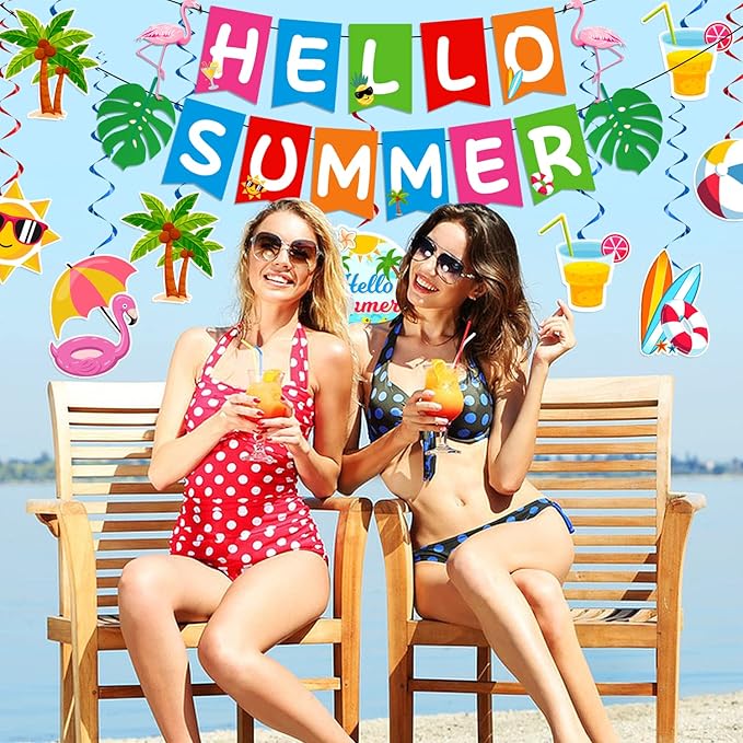 Summer Party Decorations, Beach Party Decorations Include Hello Summer Banner and Summer Beach Hanging Swirls, Summer Holiday Birthday Party Supplies