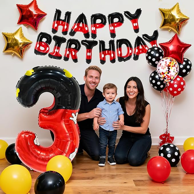 YIIHMEI 3rd Mouse Balloons Birthday Decorations Party Supplies Boy Red And Black Foil Balloon Banner 40inch Number