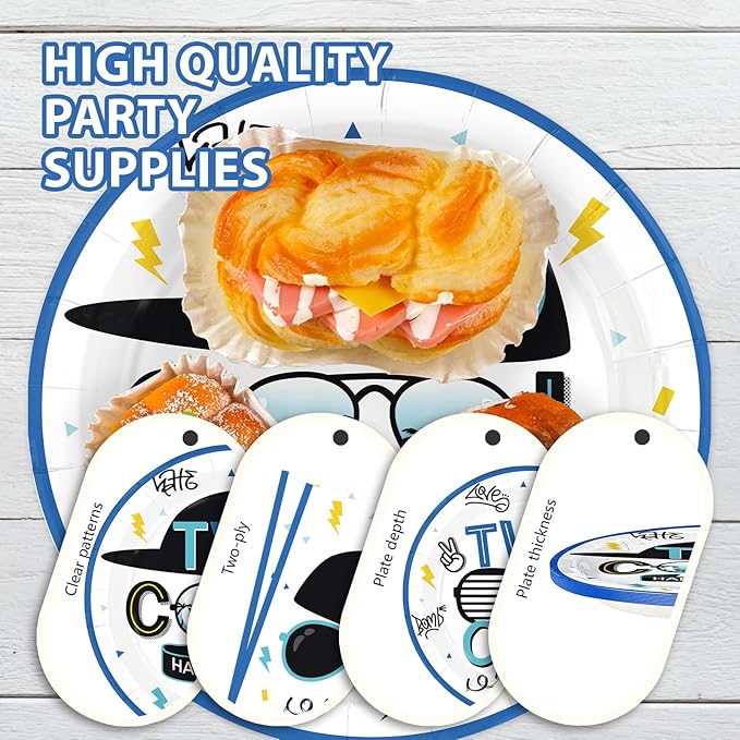 96Pcs Two Cool Birthday Party Decorations Blue 2nd Birthday Plates and Napkins Palm Frond Sunglasses Disposable Paper Tableware Set for Boys 2 Year Old Party Supplies Serves 24