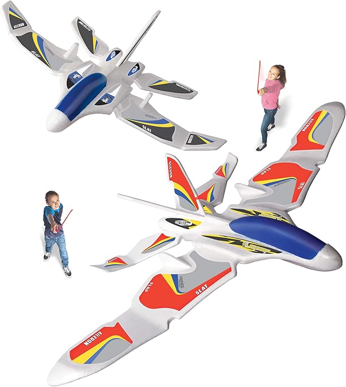 Geospace Foam GEOGLIDE Dueling Duo Fighters Flying Glider Set - Comes with 2 Fighter Style Airplanes, Hand Held Launchers & Multiple Wing Combo Pieces for Outdoor Play for Kids & Adults