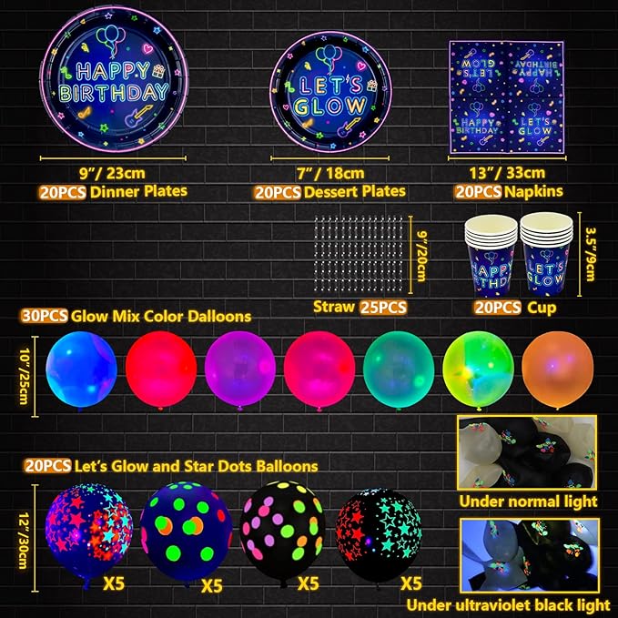 238 PCS Let's Glow Neon Party Supplies - Glow Tableware Set, Balloon Banner, Cake Toppers & Tablecloth for Blacklight Party Decoration (Serves 20)