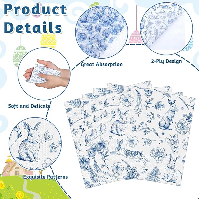 100 Pcs Easter Napkins, Retro Bunny Napkins Blue and White Rabbit Decoupage Napkin Chinoiserie Easter Dessert Beverage Napkin for Spring, Birthday, Baby Shower
