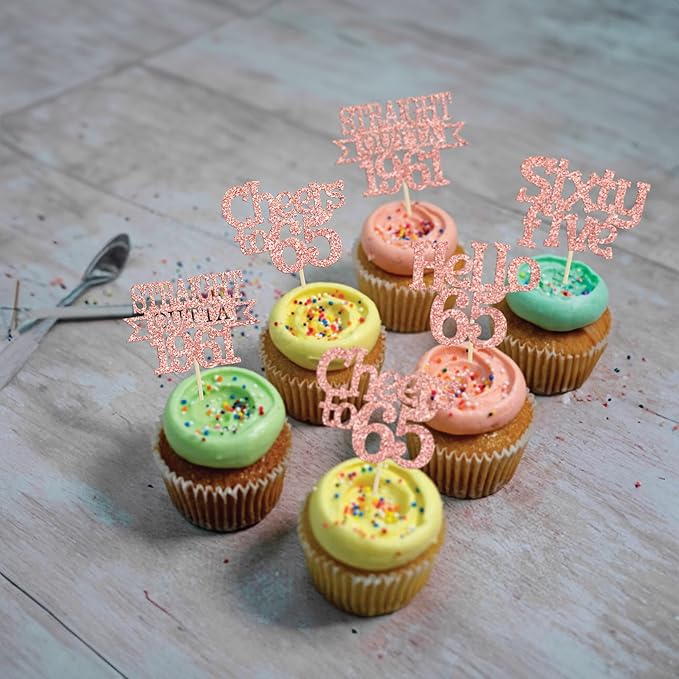 Ephlyn 24Pcs 65th Birthday Cupcake Toppers Glitter Straight Outta 1961 Cupcake Picks Hello 65 Cheers to 65 Years Cake Decorations for 65th Birthday Anniversary Party Decorations Supplies Rose Gold