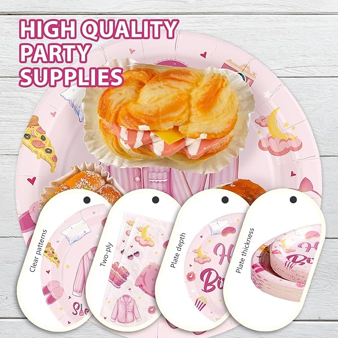 168Pcs Pink Sleepover Party Supplies for Girls Pajama Birthday Plates Napkins Cups Forks Knives Spoons Hot Pink Slumber Party Paper Tableware for Girls Night Birthday Slumber Party Supplies Serves 24