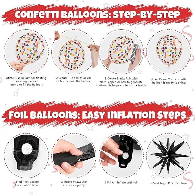 Red Black and Gold Balloons, 12 Inch Red Metallic Gold Black Confetti Balloons with Star Foil Balloon for New Years Party Casino Night Movie Night Birthday Baby Shower Decorations