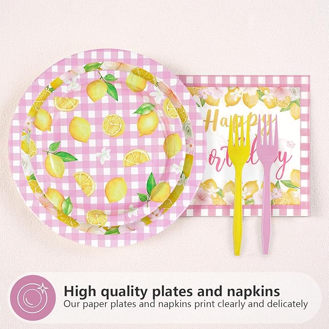 96 Pcs Pink Lemon Birthday Decorations Pink and Yellow Lemonade Paper Plates and Napkins Summer Fruit Theme Tableware Set for Boys Girls Birthday Baby Shower Party Supplies Serves 24