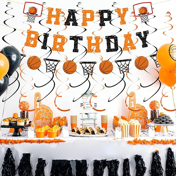Pre-Strung Basketball Birthday Party Decorations, NO DIY Glitter Happy Birthday Banner, Paper Garland, Black and Orange Hanging Swirls, Basketball Theme Party Supplies