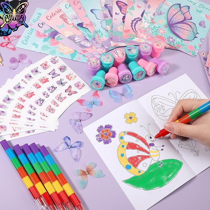 BenLouis 96Pcs Butterfly Party Favors Butterfly Fairy Coloring Books Crayon Stickers Set Bulk for Kids Butterfly Birthday Decor Spring Flower Tea Goodie Bag Stuffers Classroom Gifts Pinata Filler