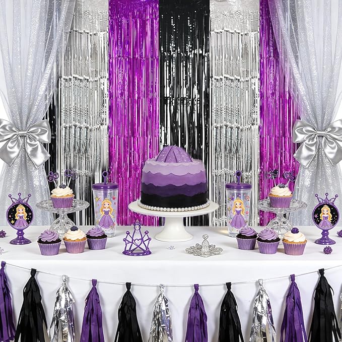 TONIFUL Black Silver Hot Pink Door Streamers,Black and Pink Photo Booth Backdrop Metallic Streamers Foil Fringe Curtain for Birthday,New Year,Graduation,Grad,Baby Shower Party Streamers Decoration