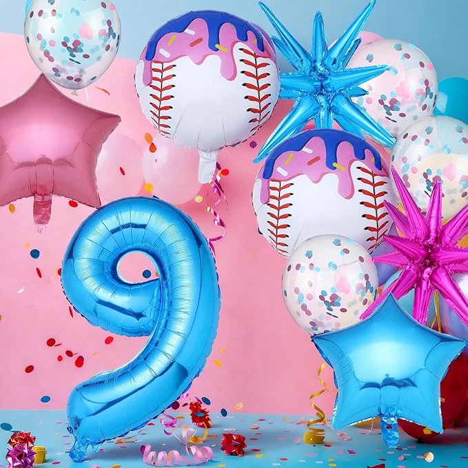 Ceenna 11 Pcs Ice Cream Drip Baseball Birthday Party Decorations 9th Baseball Balloons Birthday Decoration Sports Theme Party Supplies 32inch Foil Number 9 Balloon for Summer Ice Cream