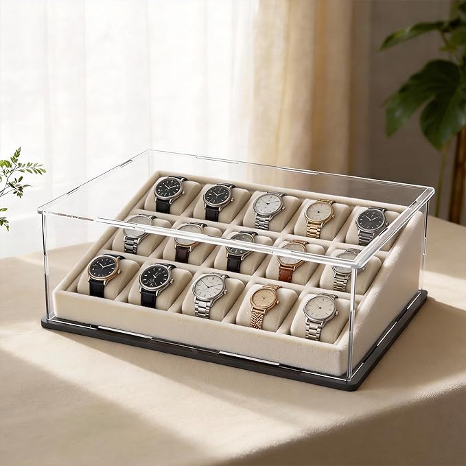 SVENJBB Large Display Case for Books and Medals, 16x13x5 Inch Acrylic Box for Stamp and Cards, Clear Acrylic Display Cases with Matte Black Base for Collection Protection and Storage