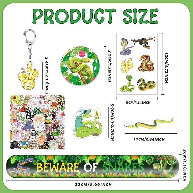 110 Pcs Snake Party Favors, Snake Temporary Tattoos Slap Bracelets Keychains Stickers Badges Snake Toy for Snake Birthday Party Decorations Supplies Gifts for Kids Classroom Rewards