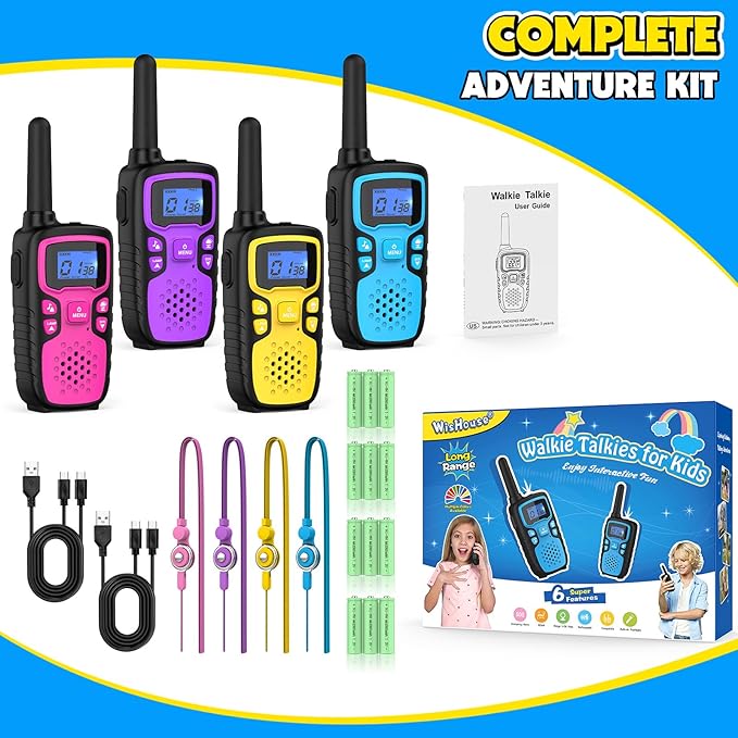 Wishouse Walkie Talkies for Kids Rechargeable Long Range,Xmas Birthday Gift for 5 6 7 8 9 10 11 12 Year Old Boys Girls,Hiking Gear Camping Games with NOAA,SOS Siren,Lamp,Lanyards,Easy to Use,4 Pack