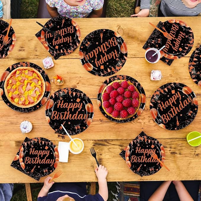 96Pcs Orange Black Happy Birthday Party Decorations Black and Gold Plates and Napkins Disposable Whiskey Bday Tableware Set for Women Girls Kids Boys Men Birthday Baby Shower Party Supplies Serves 24
