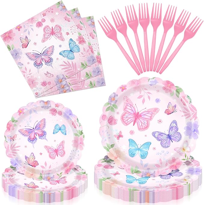 96 Pieces Butterfly Floral Tableware Set – Scalloped Edge Garden Flower Disposable Plates, Napkins, and Forks for Spring Birthday, Baby Shower, Tea Party, Mother’s Day Celebrations – Serves 24 Guests