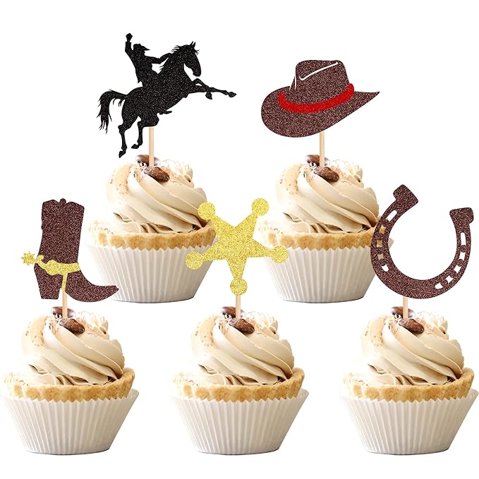 30 PCS Cowboy Cupcake Toppers Glitter HorseShoe Cowboy Hats Boots Cupcake Picks Western Theme Baby Shower Birthday Party Cake Decorations Supplies