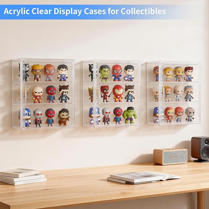 3 Tier Acrylic Display Case for Figures, Wall-Mounted Clear Storage Organizer Box with 2 Movale Plates & Magnetic Door, Display Cases for Collectibles, Action Figure