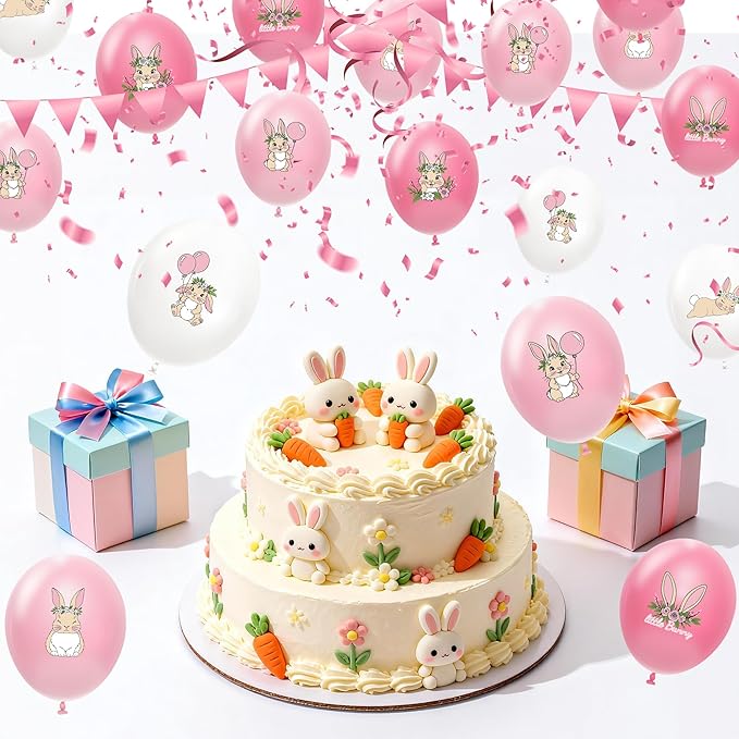 48 Pcs Bunny Birthday Decorations Balloons Set, Pink Rabbit Bunny Theme Print Latex Balloons Party Supplies for Birthday Baby Shower, Easter
