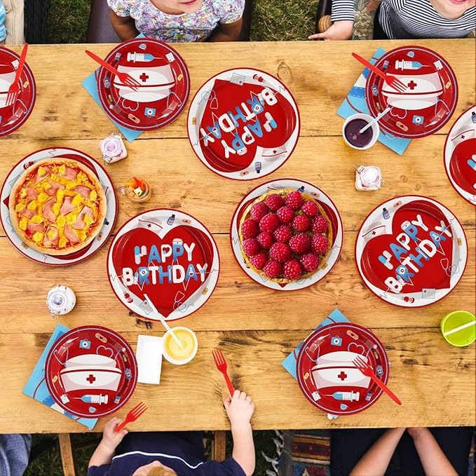 96Pcs Nurse Happy Birthday Party Decoration Red and Blue Plates and Napkins Medical RN Themed Tableware Set for Medical RN Nurse Birthday Graduation Baby Shower Party Supplies, Serves 24