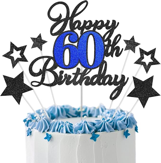 Happy 60th Birthday Cake Toppers, Black Blue Glitter Cake Decorations Set, 60th Birthday Decor, Birthday Anniversary Party Decorations Supplies