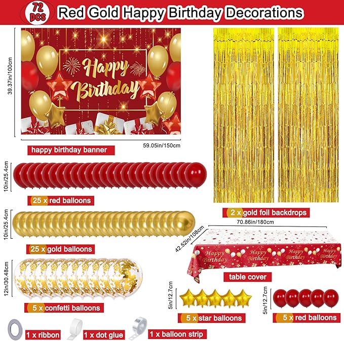 Red and Gold Birthday Decorations for Women Men, 72 Pcs Happy Birthday Banner Backdrop For Boys Girls Red Balloons Arch Kit Tablecloth Confetti Bday Party Supplies Indoors & Outdoors