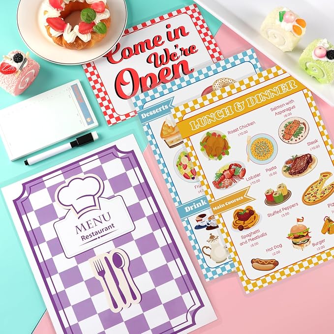 Diner Restaurant Play Set Food Play Kitchen Accessories Restaurant Toy Set 2 Double Sided Restaurant Menu Pen Waiters Order 60Page Receipt Book Pretend Play Set Role Play Accessories Total of 4