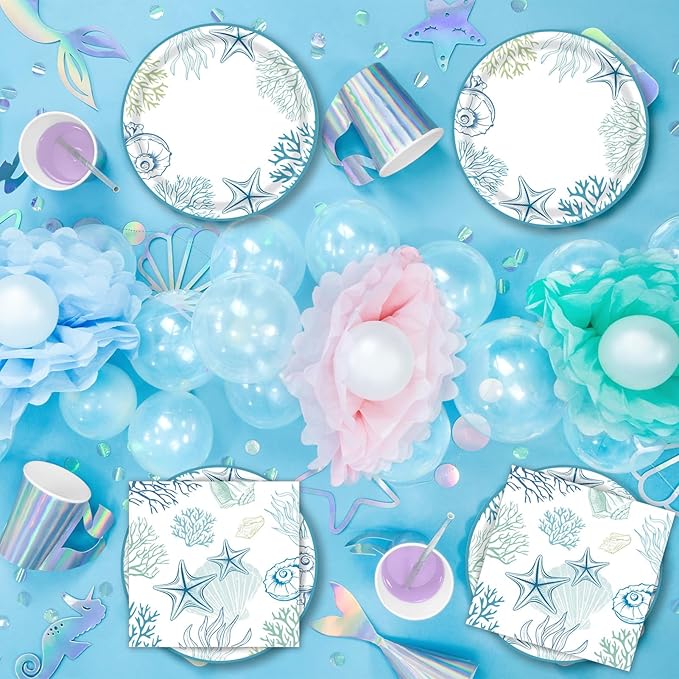 Seashell Beach Party Decorations,40Pcs Ocean Seashell Beach Plates,Napkin Blue Starfish Seashell Coral Themed Disposable Tableware for Birthday Baby Shower Summer Party, Serves 20