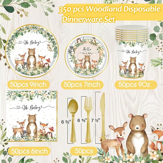 Woodland Baby Shower Party Supplies - 350 Pcs Safari Jungle Animal Wild Animal Party Decorations Nature Sage Plates Napkin Cups Spoons Forks Knives Tableware Set, Serves 50 Guests