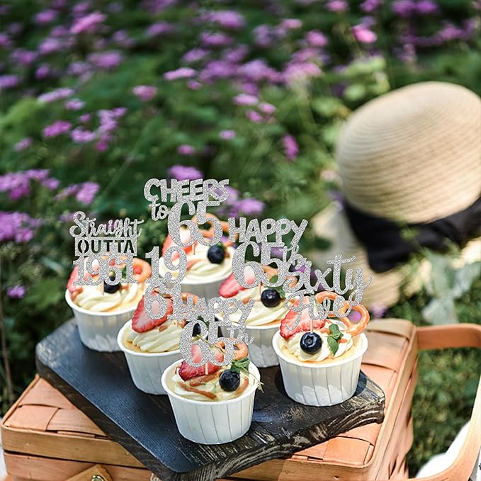 30 PCS 65th Birthday Cupcake Toppers Glitter Sixty Five Happy 65 Straight Outta 1961 Cupcake Picks for Cheers to 65 Fabulous 65th Birthday Anniversary Party Cake Decorations Supplier Silver