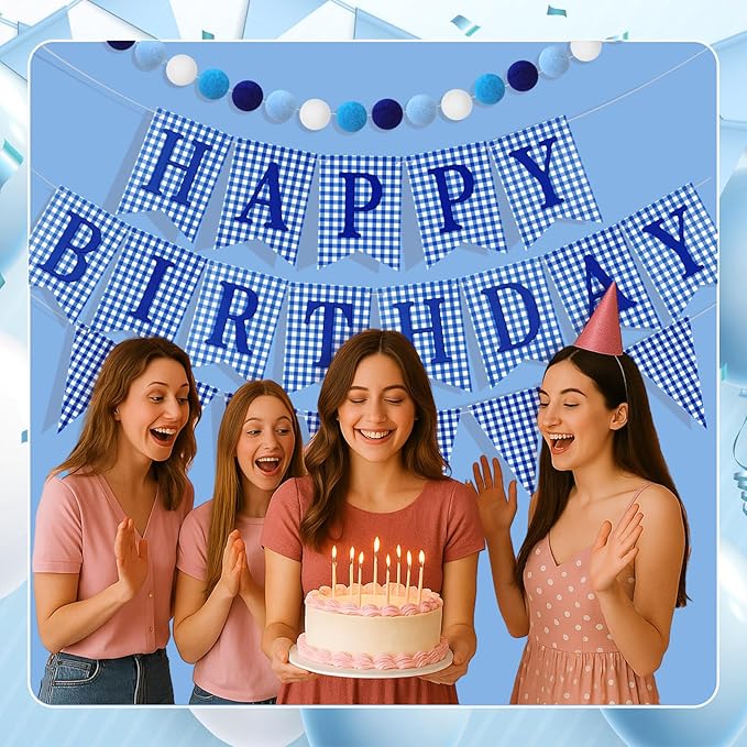 Set of 4 Blue Gingham Happy Birthday Banner Plaid Checkered Pennant Banner Decorations Felt Ball Happy 1st Birthday Garland for Gingham Party Supplies
