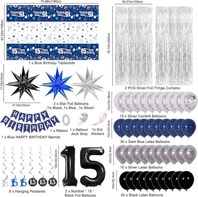 15th Birthday Decorations for Boys and Girls Dark Blue, HAPPY BIRTHDAY Banner Black Number 15 Balloons Tablecloth Foil Backdrop Star Balloons Garland Arch Kit-15 Years Old Birthday Party Supplies