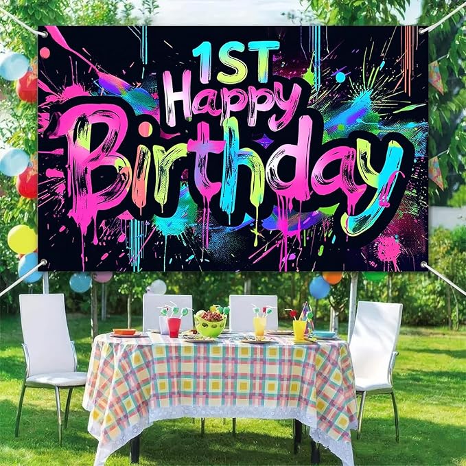 Neon 1st Happy Birthday Banner 71x43 Inch Paint Splatter Backdrop Colorful Wall Decorations for Kids Boys Girls First Birthday Photo Booth Background Supplies and Event Decor