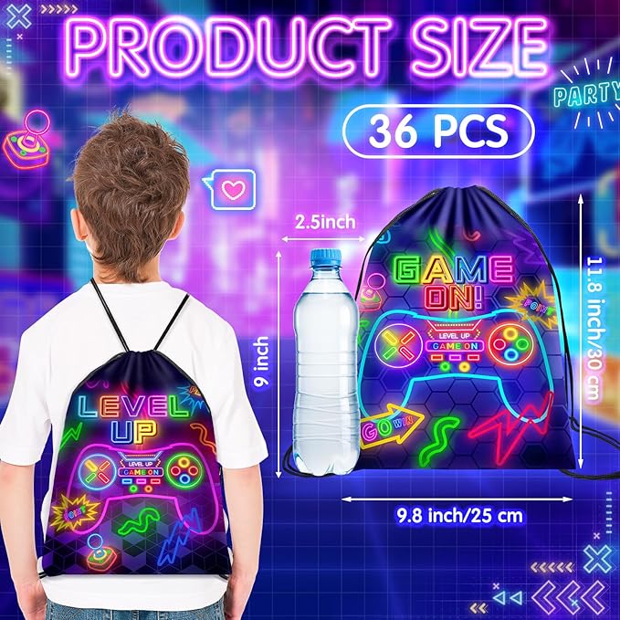 Eccliy 20 Pcs Video Game Party Favor Bags Gamer Birthday Party Drawstring Bags for Kids Boys Girls 12 x 10 Inch Gaming Goodie Treat for Game on Theme Decorations Supplies(Neon,Classic Style)