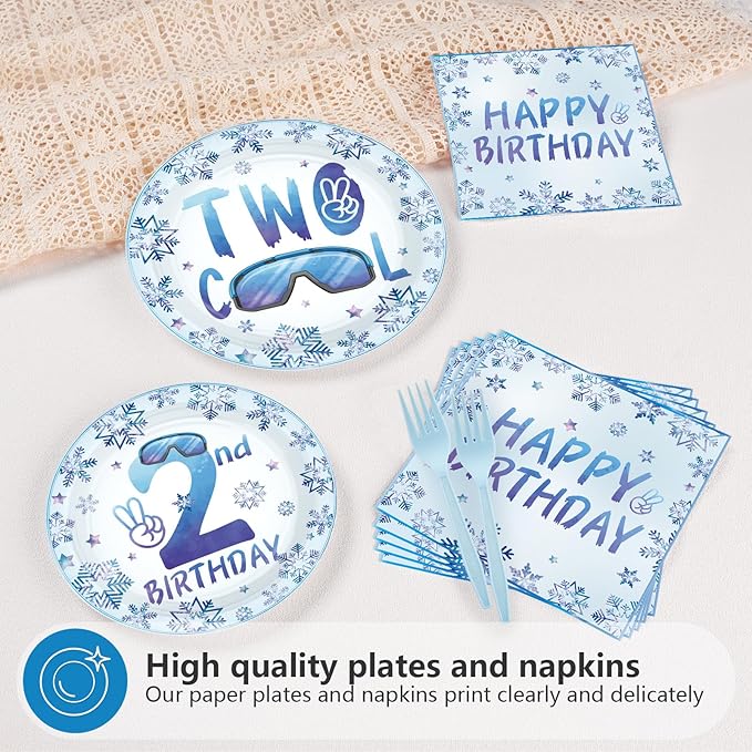 96Pcs Winter 2nd Birthday Decorations Two Cool Plates and Napkins Snowflake Ski Theme Birthday Decoration Favors for Kids Boy Winter Wonderland Frozen Theme Two Years Old Bday Party Supplies Serves 24