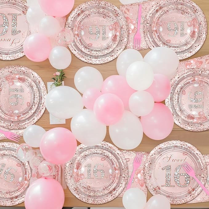 Avezano 96 Pcs Rose Gold Sweet 16 Birthday Party Paper Plates and Napkins Girls Sweet 16 Decorations Sweet Sixteen Birthday Party Disposable Paper Tableware Serve 24