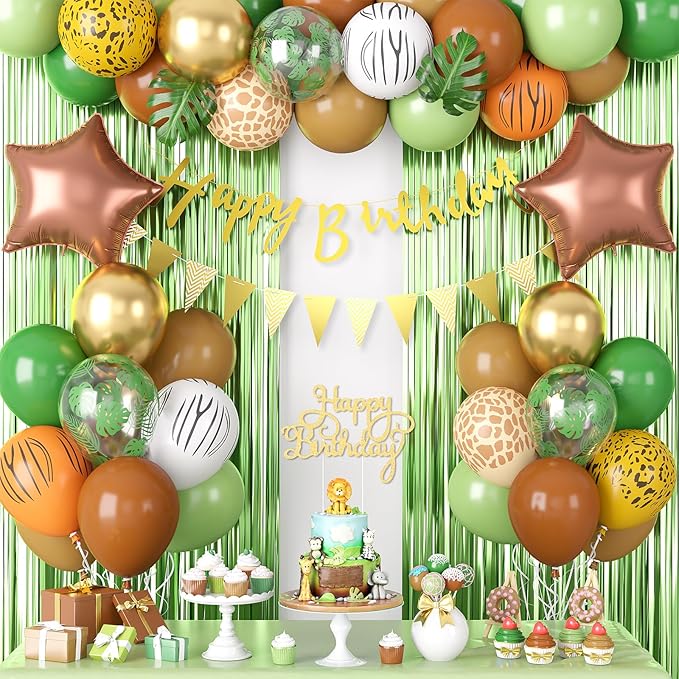 Jungle Safari Birthday Decorations, Safari Theme Party Supplies with Green Brown Animal Print Balloons Happy Birthday Banner Cake Topper Fringe Curtain Palm Leaves for Woodland Themed Party Decor
