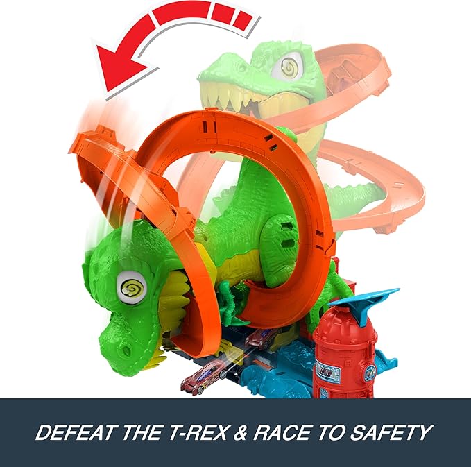 Hot Wheels Toy Car Track Set, City T-Rex Blaze Battle Playset & 1:64 Scale Die-Cast Vehicle, 18” Tall, Multiple Race Outcomes, Spinning Dinosaur Eyes