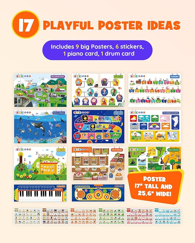 TEKFUN Interactive ABCs & 123s Learning Posters with Talking Pen, Autism Sensory Educational Toys, Toddler Birthday Gifts for Kids Ages 1 2 3 4 5 6