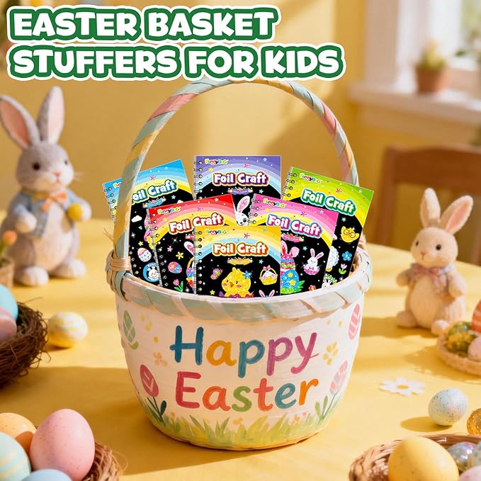 FUNNYB&G Foil Art Party Favors for Kids - 24 Pack Foil Art Crafts Kits Coloring Books, Goodie Bag Stuffers Party Favors for Kids 4-8 8-12, Bulk Easter Classroom Gifts Girls Boys Prizes (Easter)