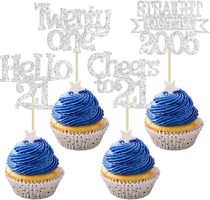 Ephlyn 24Pcs 21st Birthday Cupcake Toppers Glitter Straight Outta 2005 Cupcake Picks Hello 21 Cheers to 21 Years Cake Decorations for 21st Birthday Anniversary Party Decorations Supplies Silver
