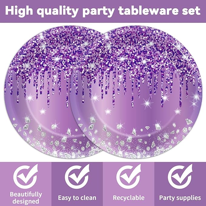 50 Pcs Purple Birthday Plates and Napkins Purple and Silver Happy Birthday Party Supplies for 25 Guests Table Decorations for Women Girl Birthday Decorations Paper Plates Napkins